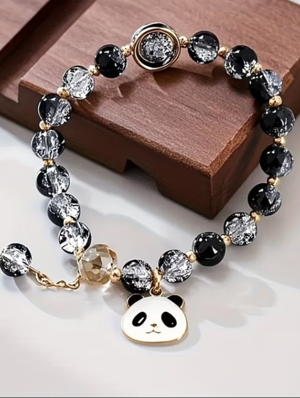 Black and White Panda Charm Beaded Bracelet